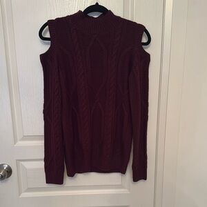 Burgundy / Wine Cable-Knit Cold-Shoulder Sweater